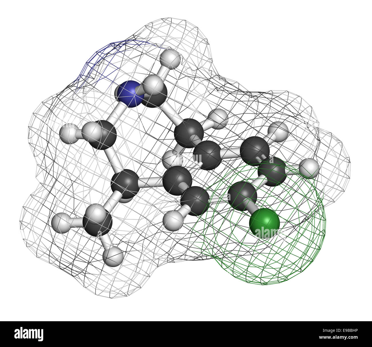 Obesità Lorcaserin molecola di farmaco. Gli atomi sono rappresentati come sfere con i tradizionali colori: idrogeno (bianco), carbonio (GRE Foto Stock