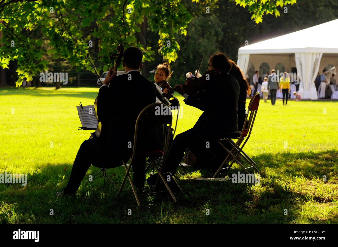 Un quartetto d'archi a suonare in un party in giardino nel parco Kirov di San Pietroburgo Foto Stock