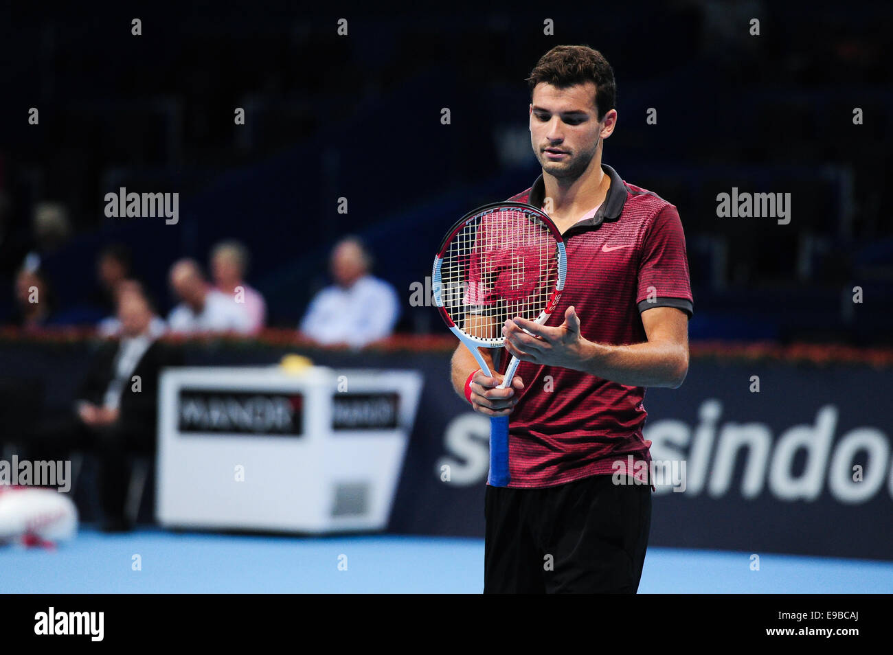 Basel, Svizzera. 23 ottobre, 2014. Grigor Dimitrov (BUL) durante la seconda prova del campionato svizzero interni a St. Jakobshalle. Foto: Miroslav Dakov/ Alamy Live News Foto Stock