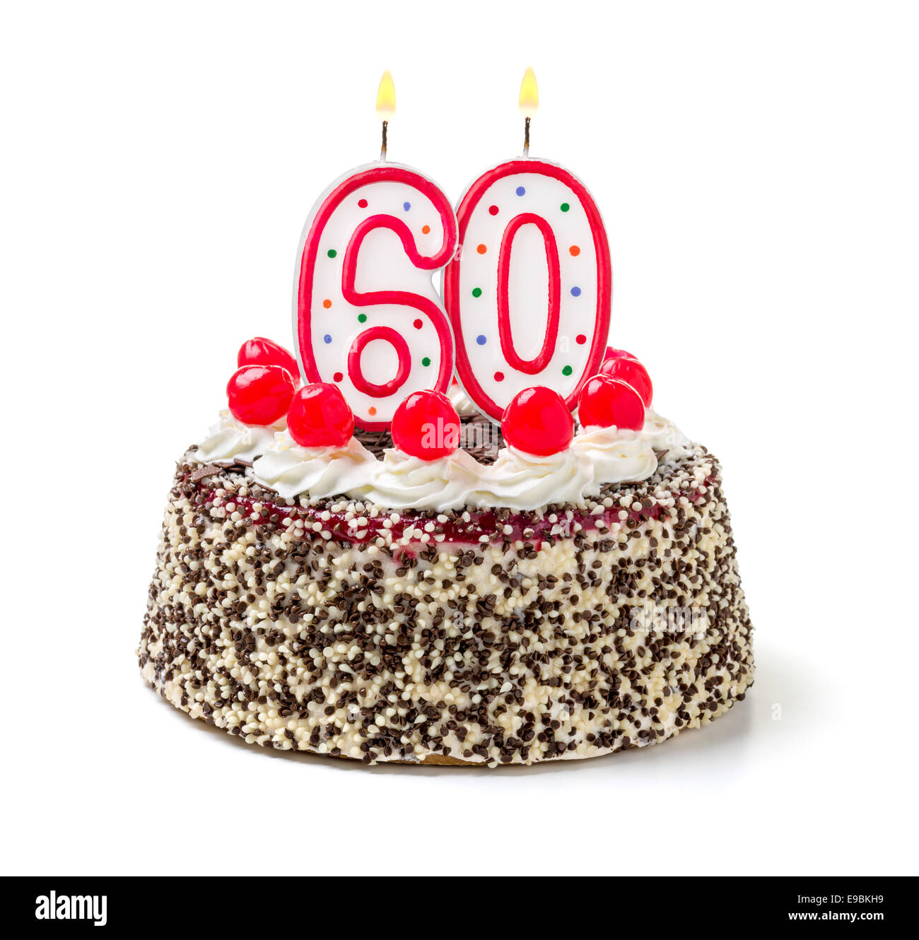 Torta di compleanno con candela che brucia il numero 60 Foto Stock