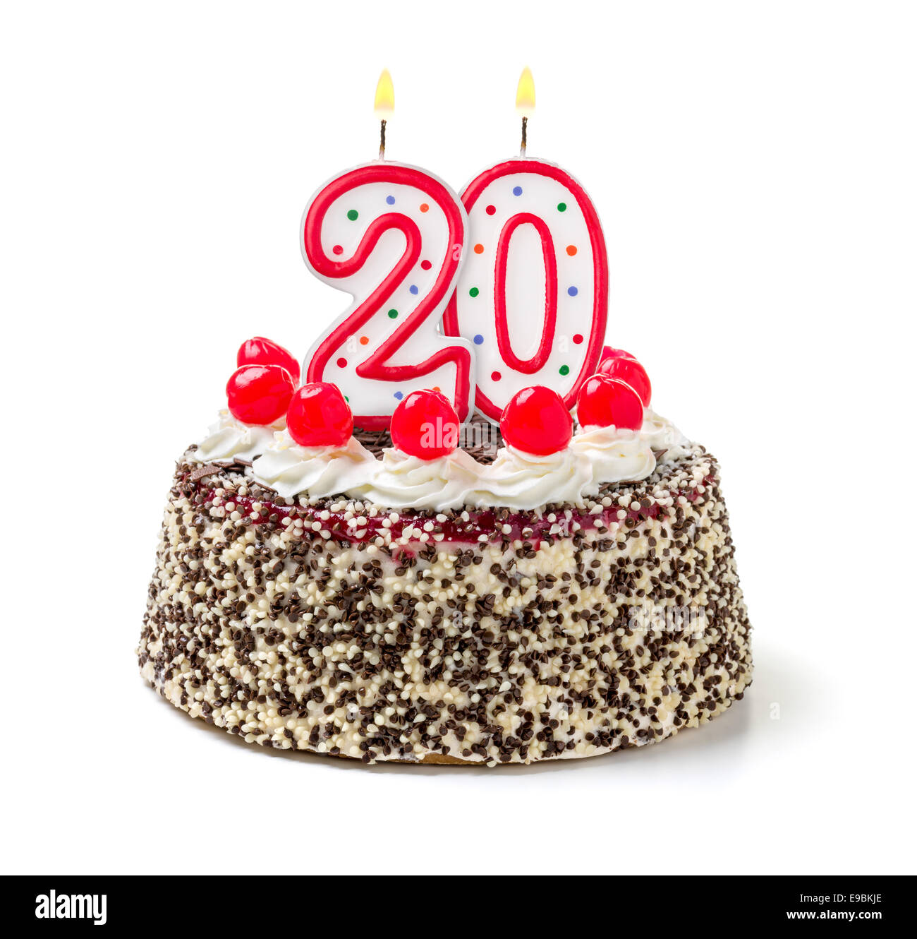 Torta di compleanno con candela che brucia numero 20 Foto Stock
