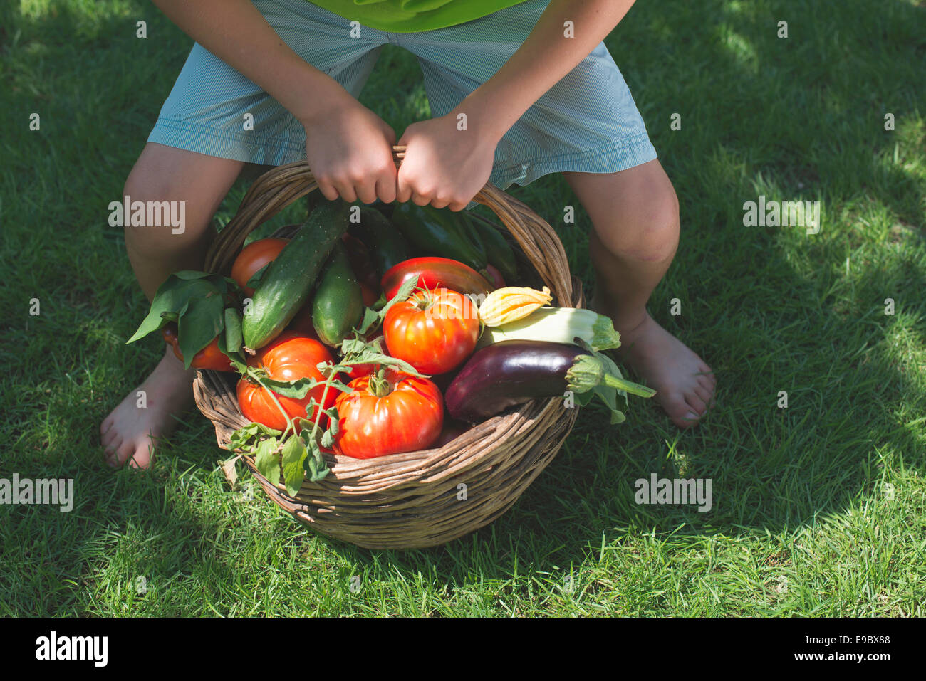 Il bambino e il cestello con le verdure. Verde prato Foto Stock
