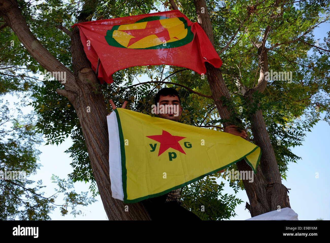 Un giovane curdo di appendere il YPG siriano militante curda bandiera durante una protesta Kudish a sostegno dei curdi siriani che soffre di attacchi di ISIS nella città siriana di Kobane.nella città di Erbil anche ortografato Arbil o Irbil la capitale della regione del Kurdistan in Iraq settentrionale. Foto Stock