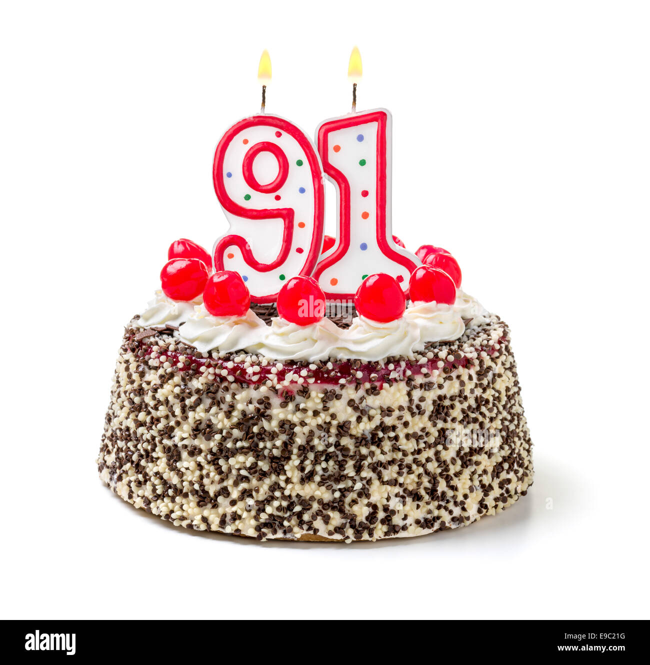 Torta di compleanno con candela che brucia numero 91 Foto stock - Alamy