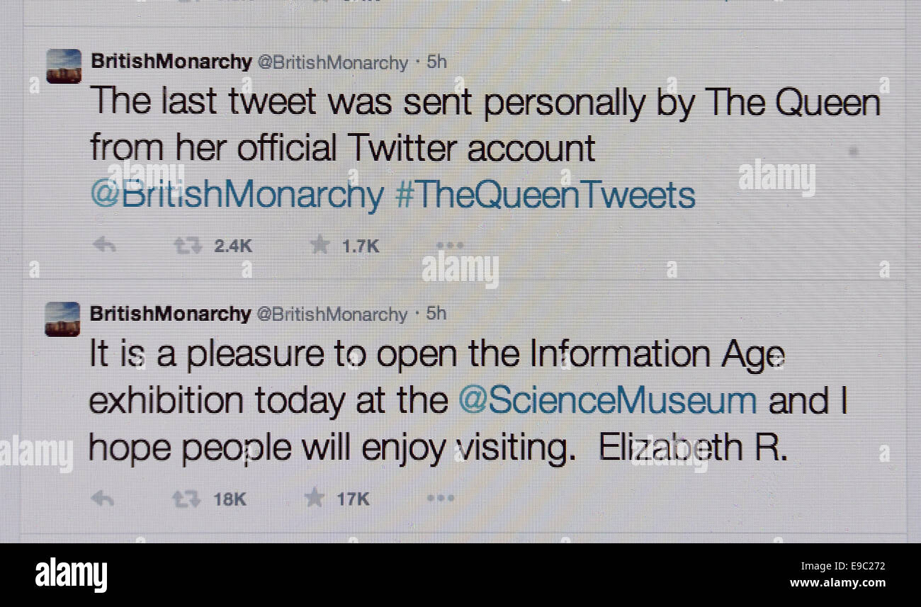 Londra, Regno Unito. 24 ott 2014. Regina invia il suo primo messaggio su Twitter dal Museo della Scienza di Londra, Gran Bretagna, UK 24 ottobre 2014 Credit: Dorset Media Service/Alamy Live News Foto Stock