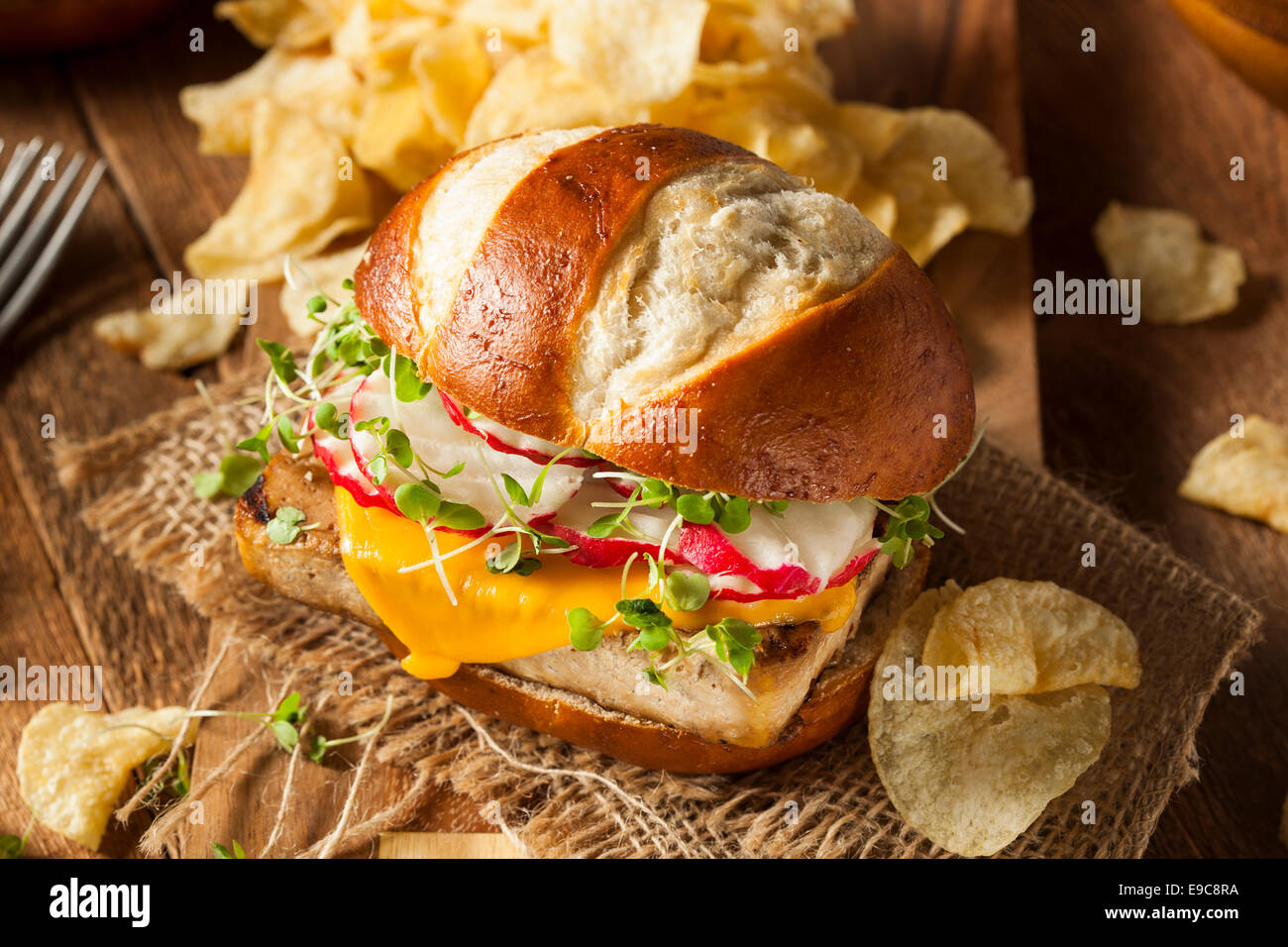 Fatti in casa a base di soia vegetariani Tofu hamburger con patatine Foto Stock