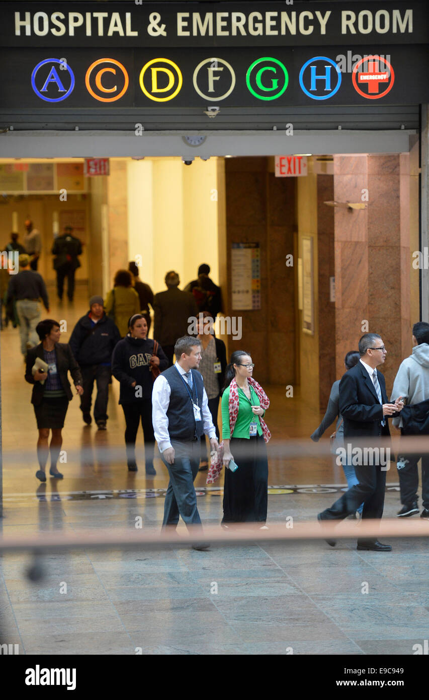 New York, Stati Uniti d'America. 24 ott 2014. Si vedono persone all'ingresso del Bellevue Hospital dove Graig Spencer è trattata in New York, Stati Uniti, su 24 Ottobre, 2014. Graig Spencer è in condizione stabile al Bellevue Hospital il venerdì pomeriggio, la città del commissario per la salute, Dott.ssa Maria T. Bassett, detto alla conferenza stampa. Spencer recentemente tornato da trattare pazienti di Ebola in Africa è diventata la prima persona nella città di risultati positivi al test per il virus giovedì. Credito: Wang Lei/Xinhua/Alamy Live News Foto Stock