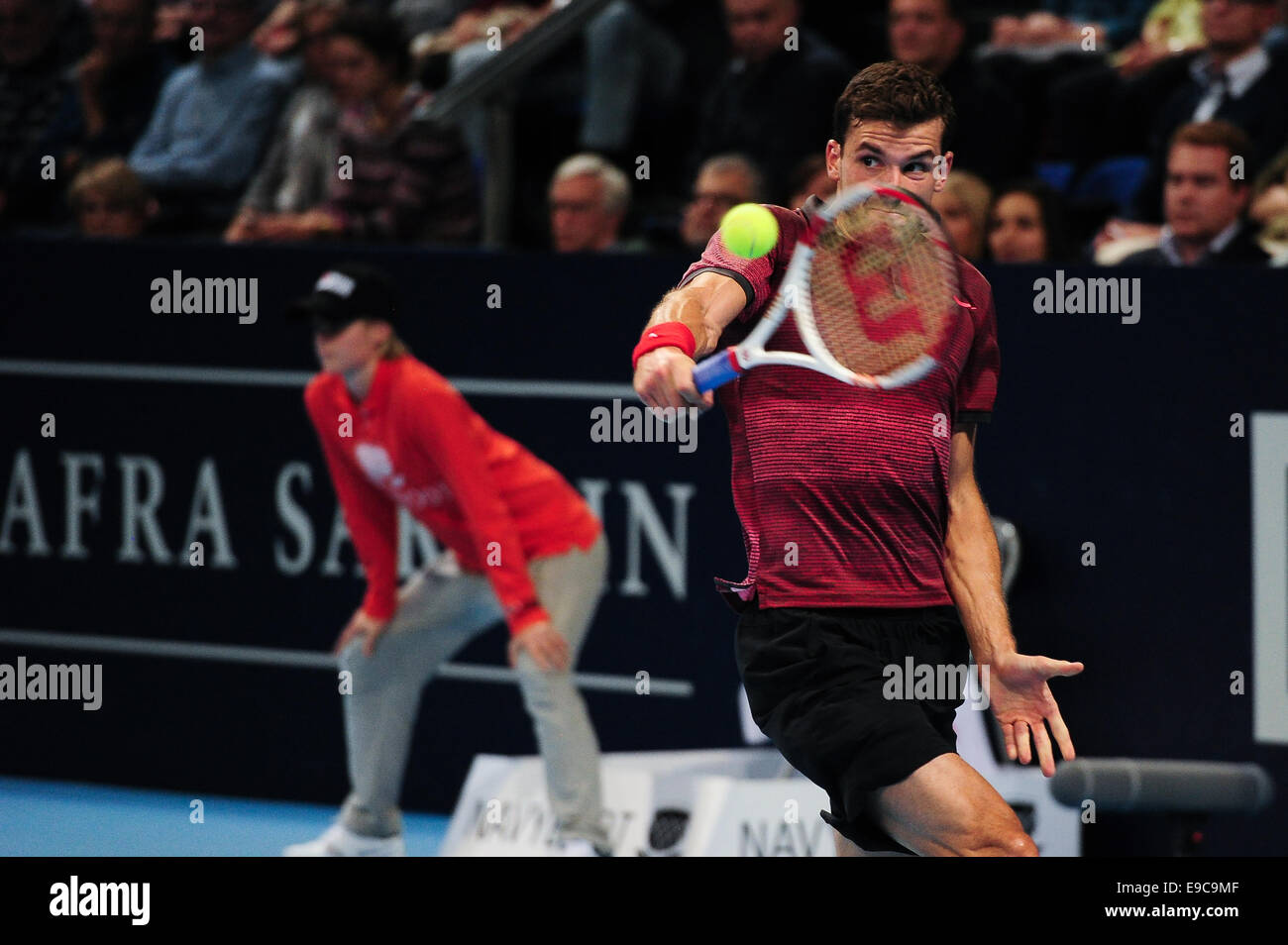 Basel, Svizzera. 24 ottobre, 2014. Grigor Dimitrov (BUL) restituisce la palla con il rovescio durante il trimestre finale del Swiss interni a St. Jakobshalle. Foto: Miroslav Dakov/ Alamy Live News Foto Stock