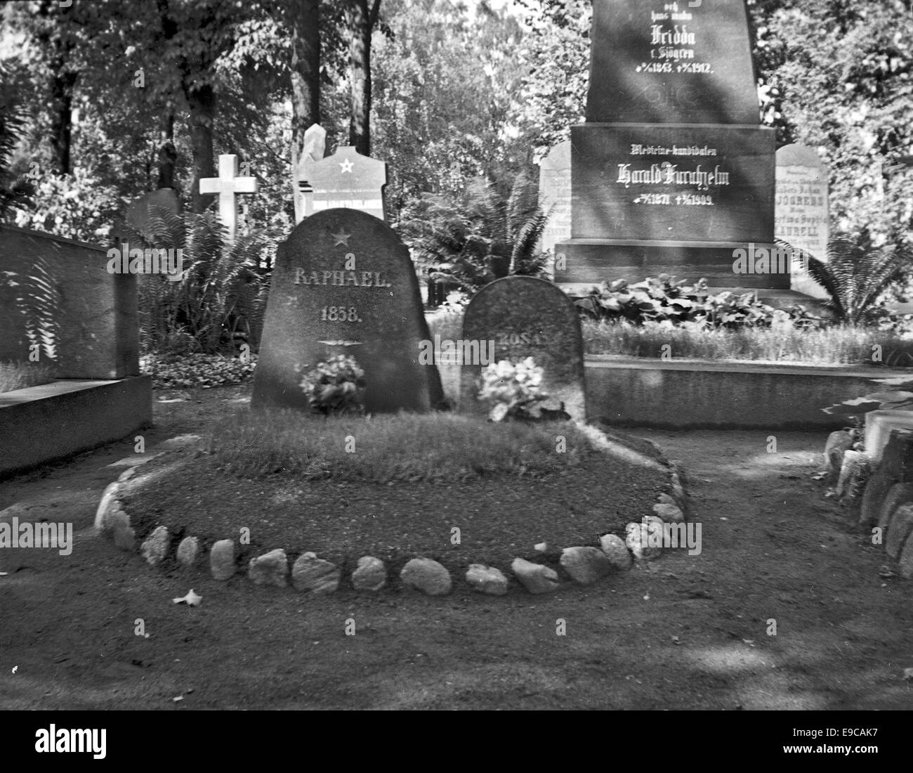 Un'immagine raffigurante le tombe e le lapidi nel cimitero di Topelius, in Finlandia. Questa foto evidenzia i monumenti commemorativi e il significato storico del sito, catturandone l'essenza storica come parte del patrimonio culturale e letterario finlandese. Foto Stock