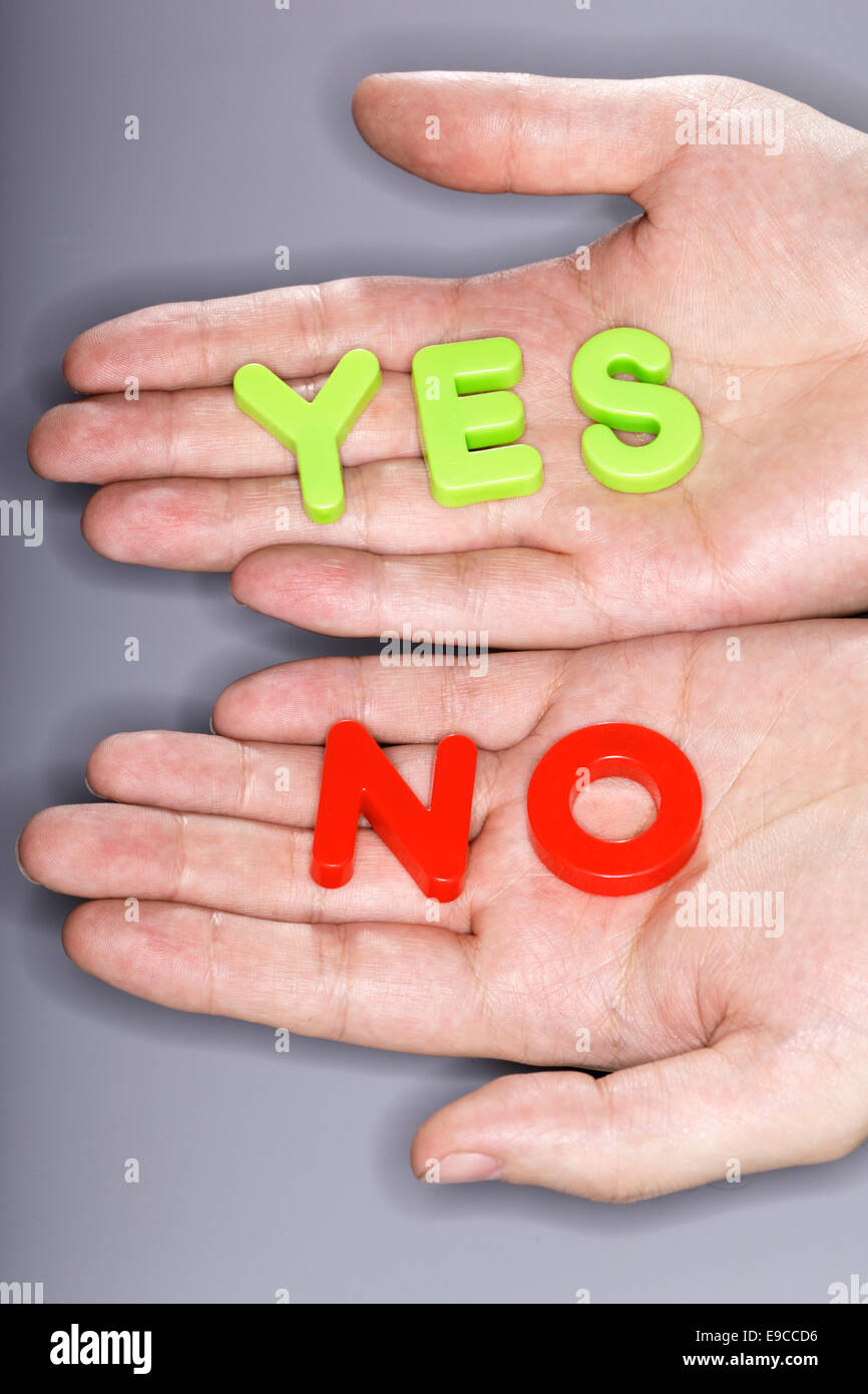 Parole SÌ e NO scritto con lettere in plastica e fotografato con un anello flash. Foto Stock