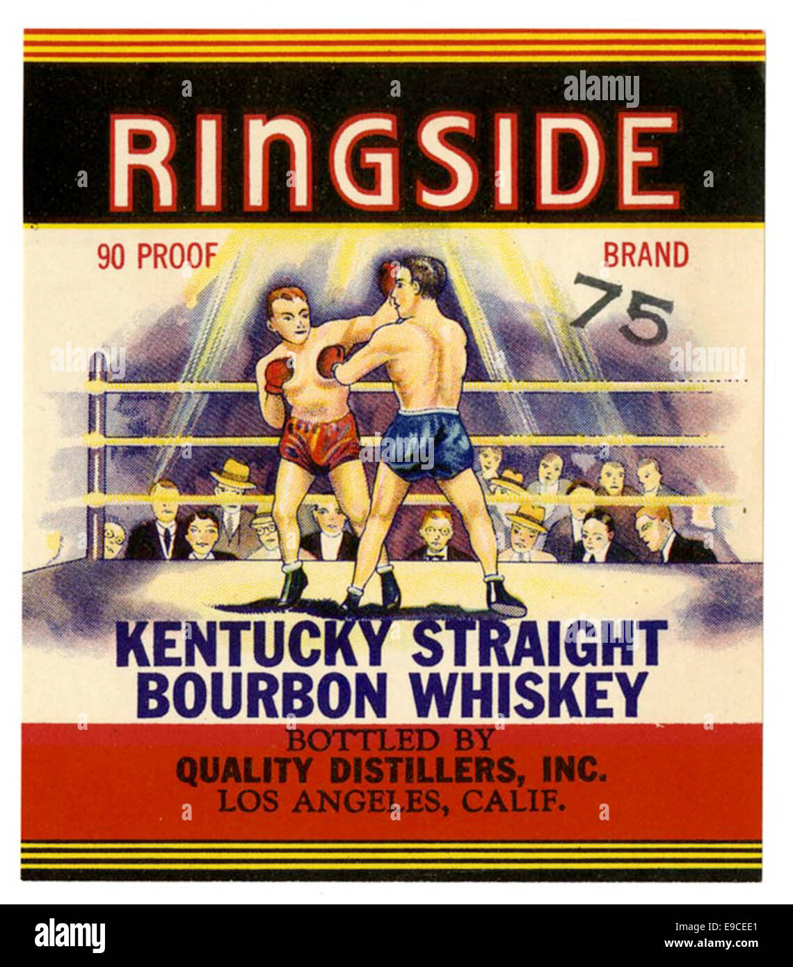 Un'etichetta di liquori vintage di Quality Distillers, Inc., che mostra il marchio del loro Ringside Kentucky Straight Bourbon Whiskey. L'etichetta riflette il design e la commercializzazione dell'alcol tra la prima e la metà del XX secolo. Foto Stock