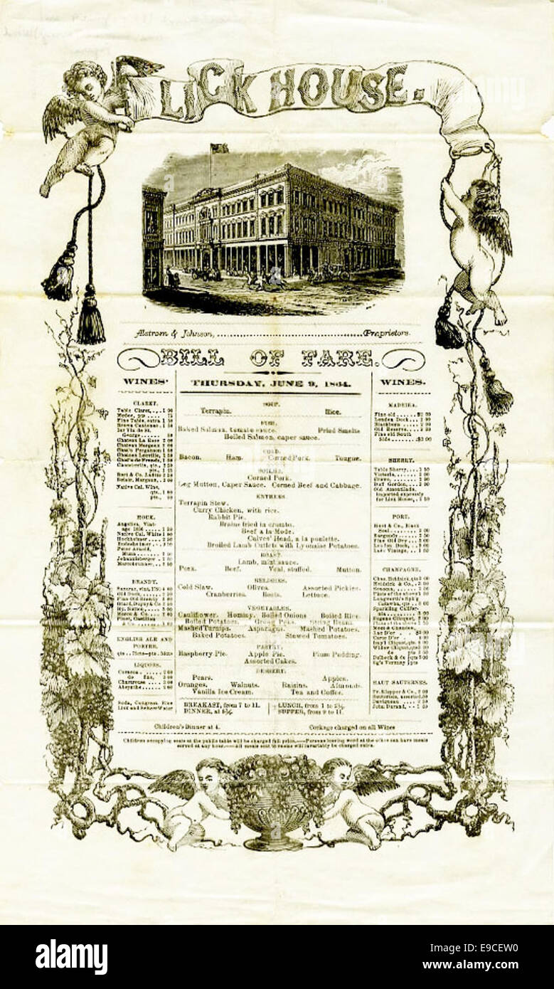 Un menu storico dal Lick House di San Francisco, che offre uno sguardo sulle opzioni gastronomiche del passato. Il menu' rappresenta la scena culinaria del tardo XIX secolo in uno dei locali piu' importanti della citta'. Foto Stock