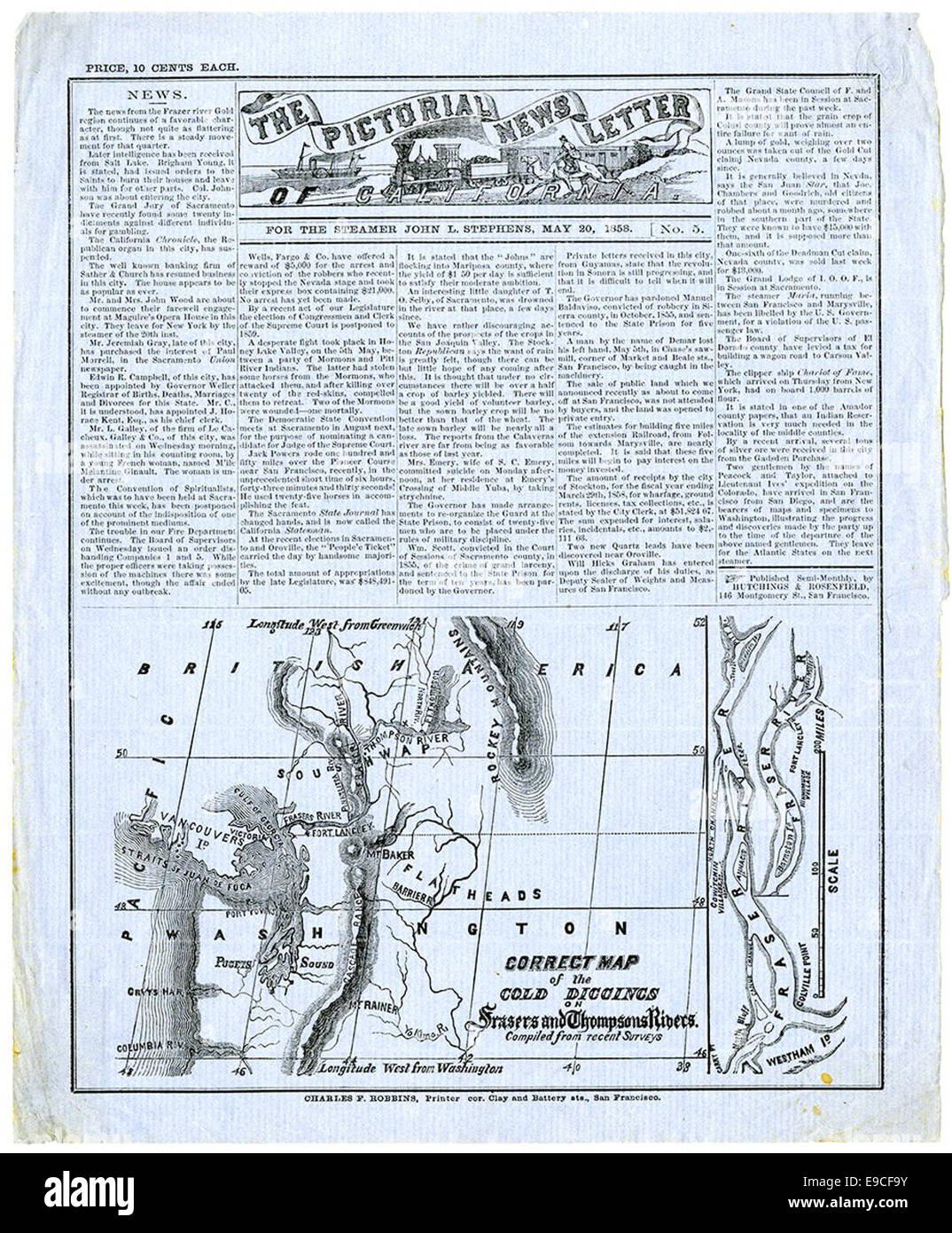 Pittorica la News Letter della California. Per il sistema di cottura a vapore L. di John Stephens , 20 maggio 1858 n. 5. Prezzo dieci centesimi ciascuna. Foto Stock