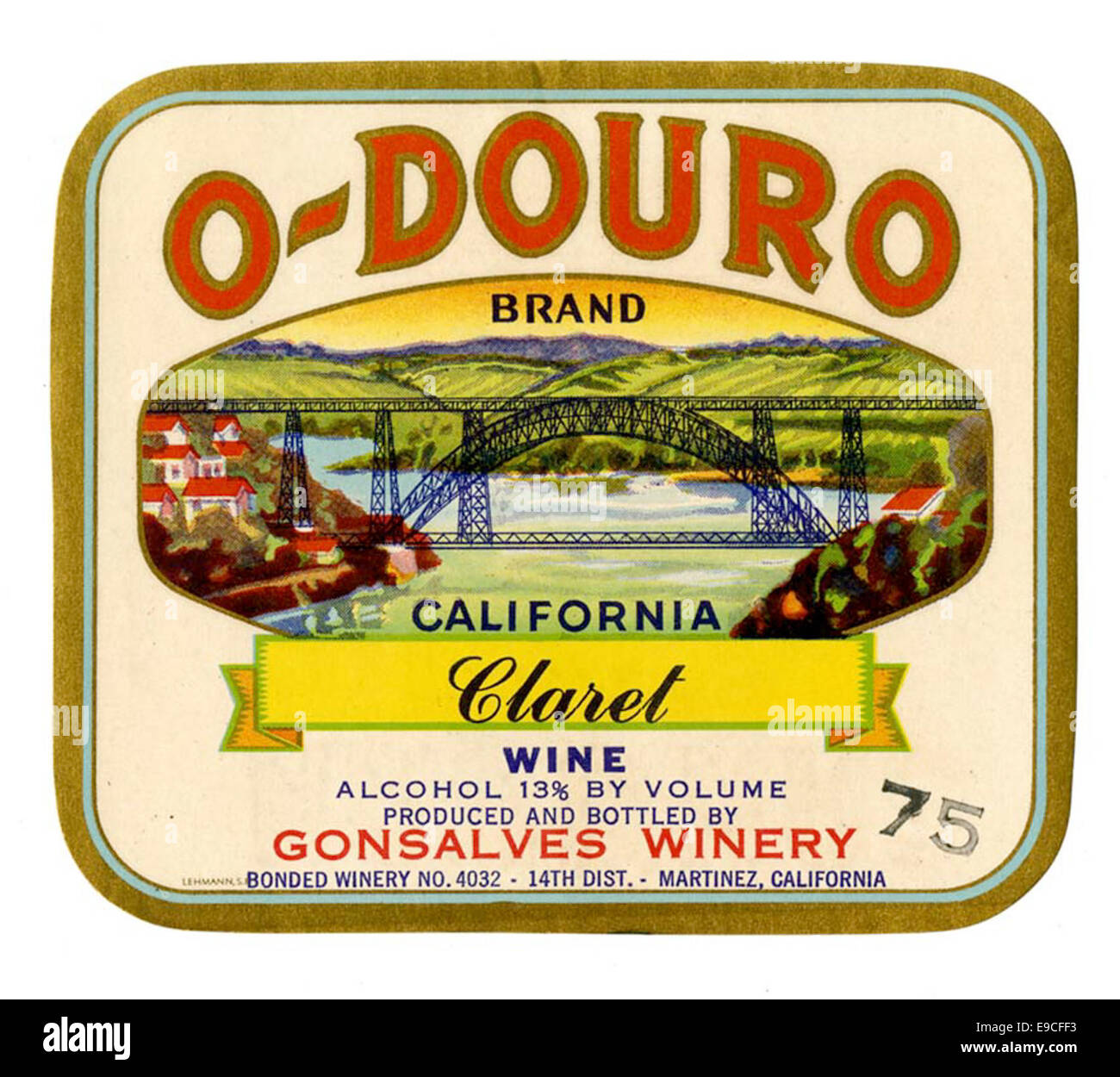 Un'immagine di un'etichetta di vino della Gonsalves Winery, che mostra il marchio o-Douro California Claret Wine. L'etichetta riflette le pratiche di branding e marketing di questa cantina dei primi anni del XX secolo. Foto Stock