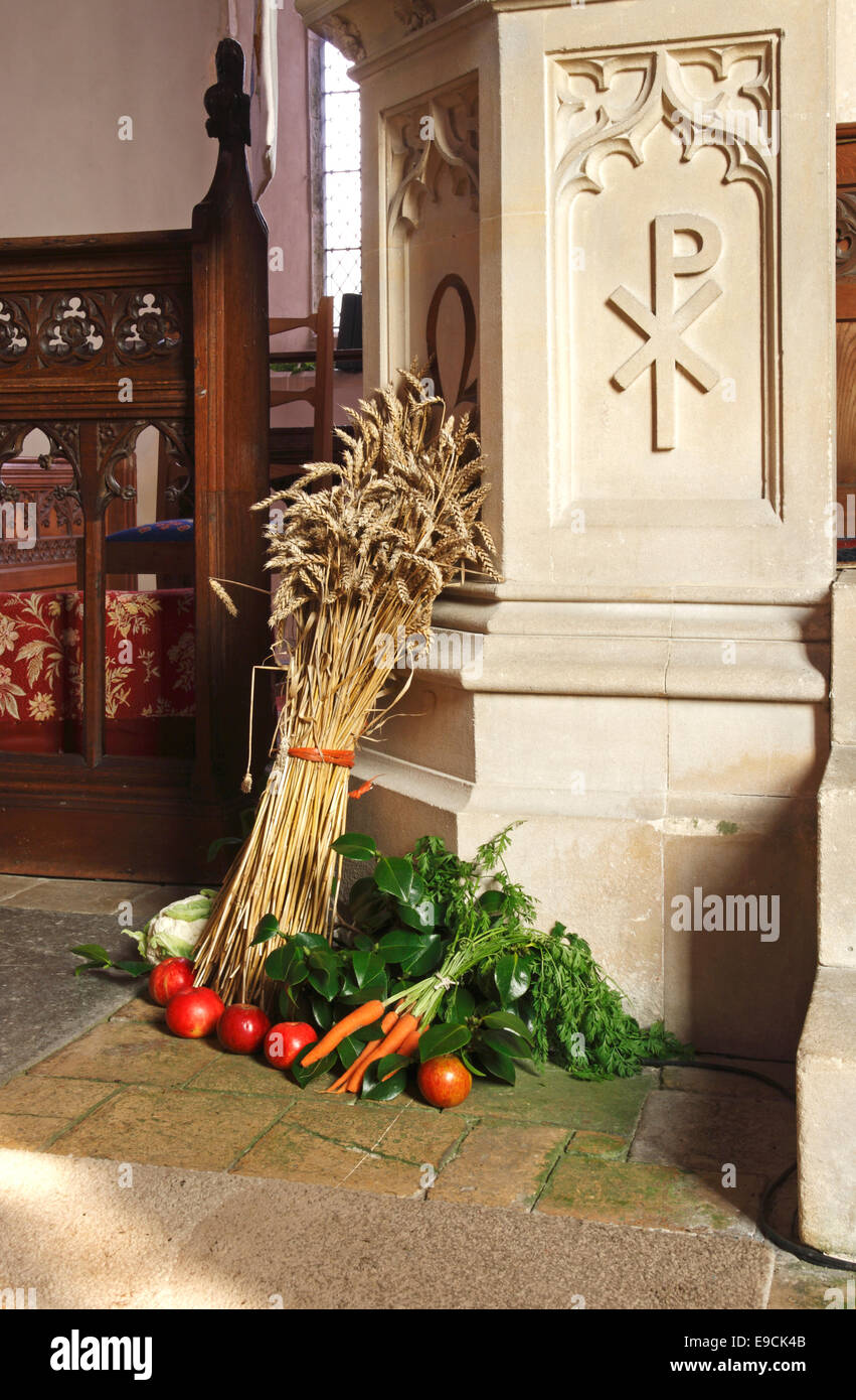 Una vista di offerte per giorno di ringraziamento per il raccolto presso la chiesa parrocchiale di Santa Margherita a Upton, Norfolk, Inghilterra, Regno Unito. Foto Stock