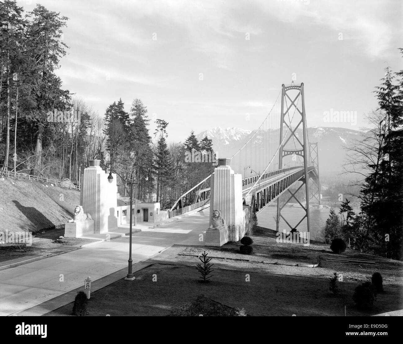 Una fotografia che mostra una vista verso il nord di Vancouver, con l'iconico Lions Gate Bridge in lontananza. L'immagine offre una vista panoramica del ponte e dei suoi dintorni, mostrando un significativo punto di riferimento architettonico nella Columbia Britannica, Canada. Foto Stock