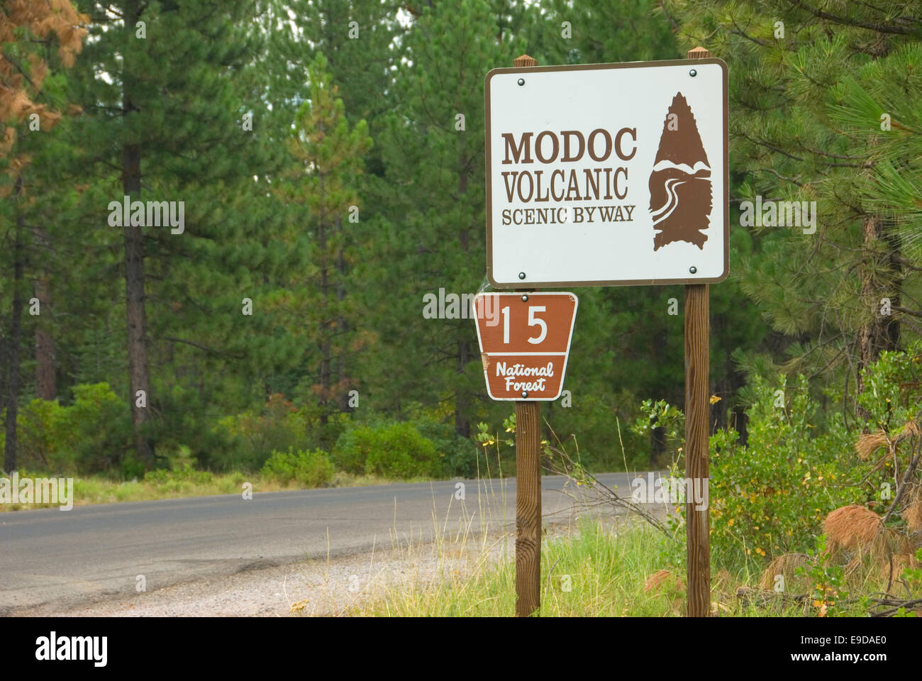 Modoc Volcanic Scenic Byway segno, Shasta-Trinity National Forest, California Foto Stock