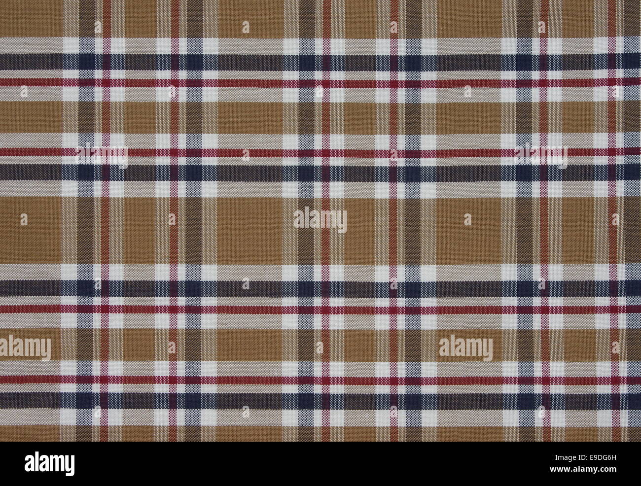 Tessuto di Tartan pattern. Marrone con il rosso, bianco e blu Foto Stock