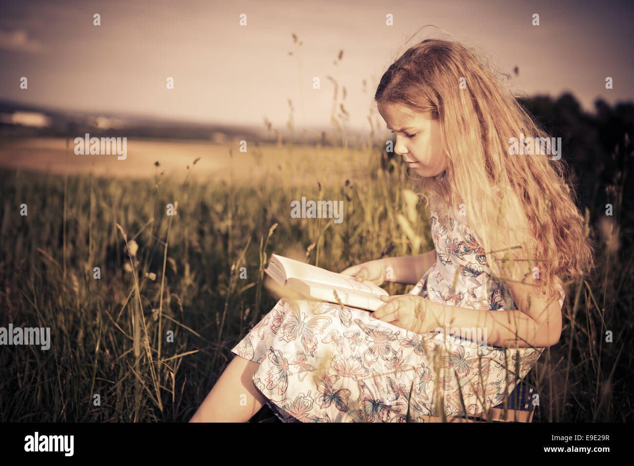 Ragazza adolescente leggendo un libro all'aperto Foto Stock