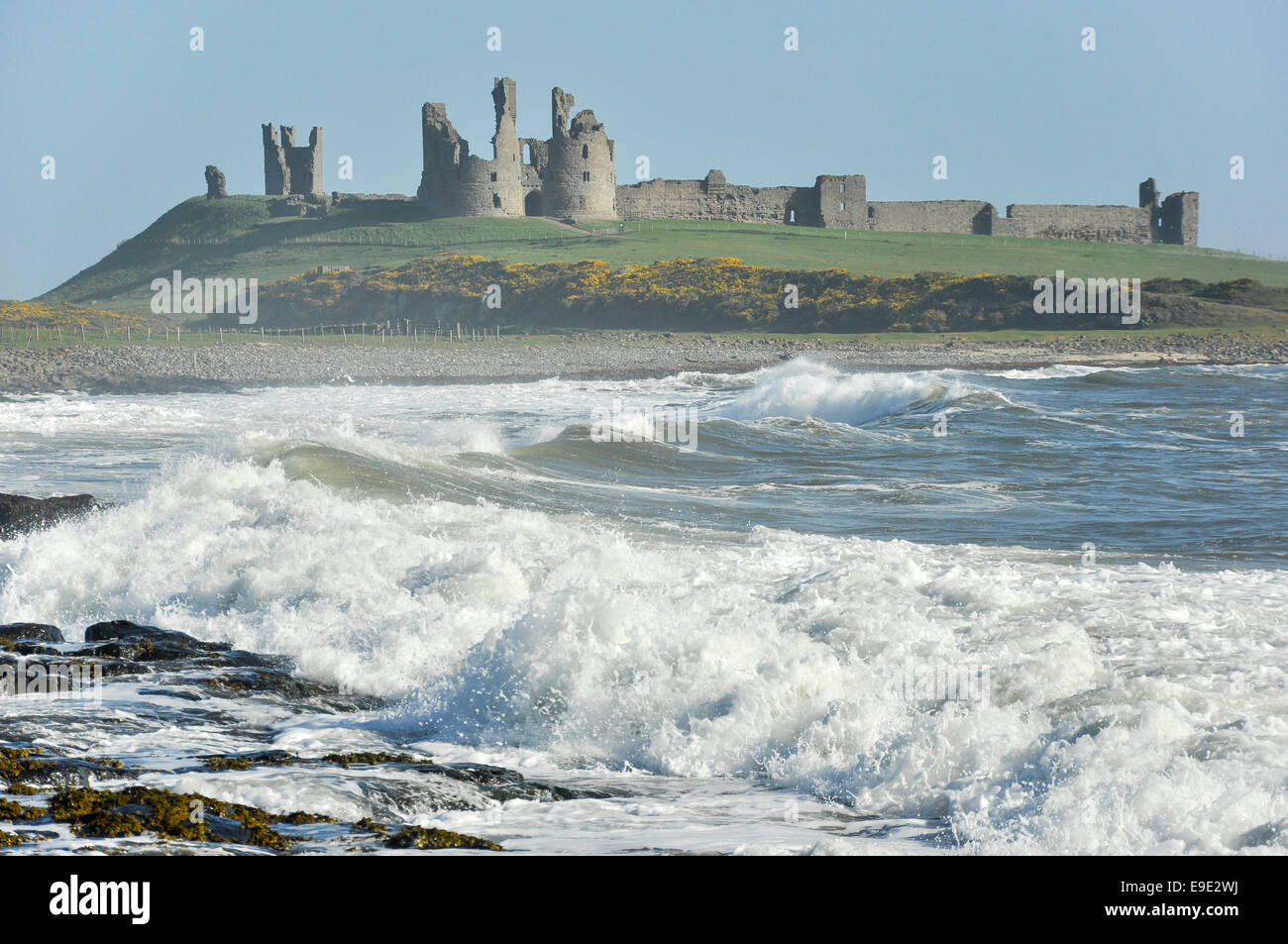 Surf drammatica sotto il castello di Dunstanburgh in Northumberland. Una giornata di sole con le onde che si infrangono sulle rocce. Foto Stock