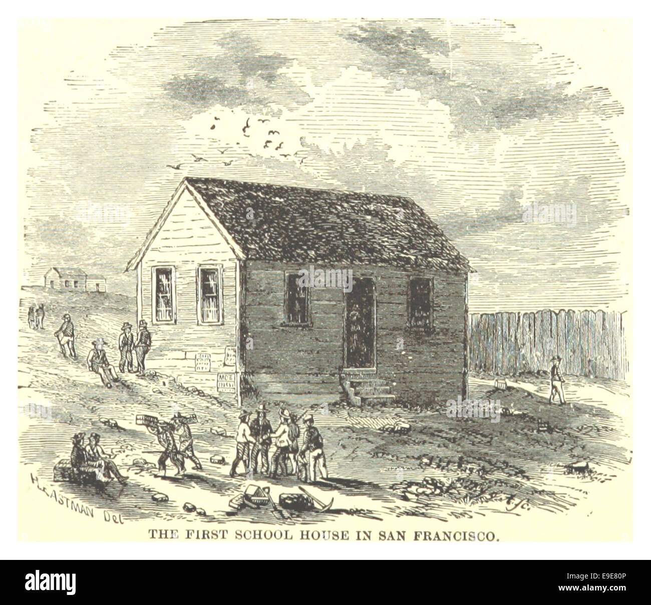 Questa illustrazione del 1876 di Lloyd raffigura la prima casa scolastica di San Francisco, che riflette la prima storia educativa della città. Foto Stock