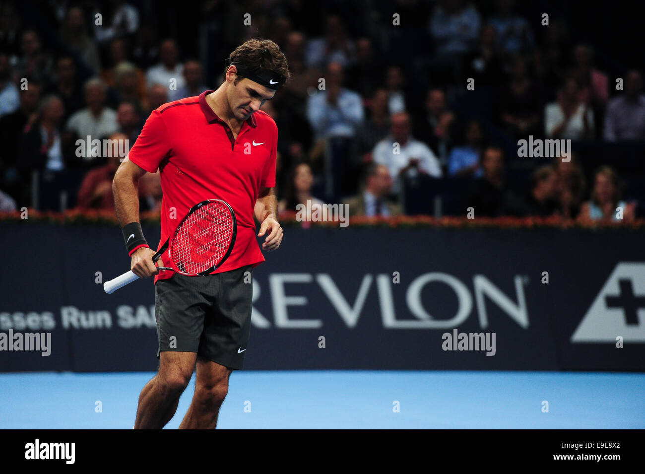 Basel, Svizzera. 26 ottobre, 2014. Roger Federer durante la finale di Swiss interni a St. Jakobshalle. Foto: Miroslav Dakov/ Alamy Live News Foto Stock
