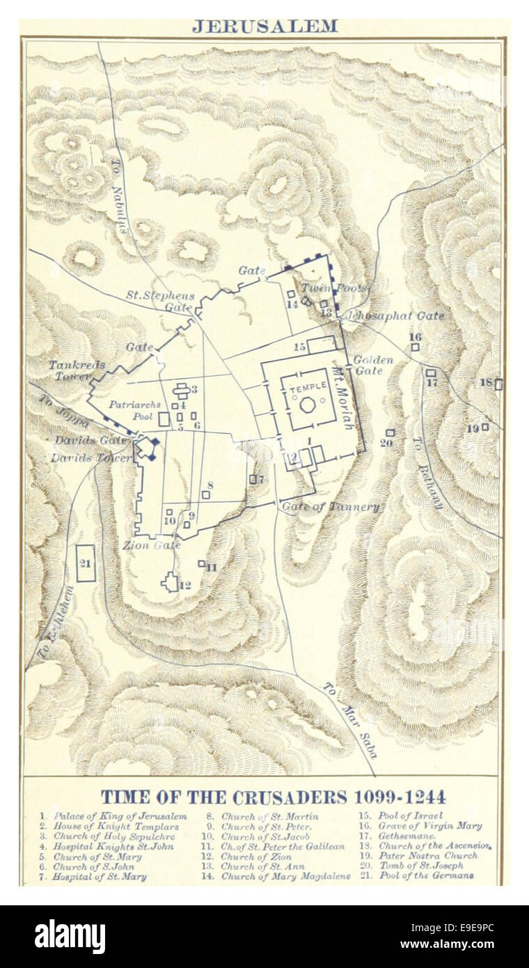 Questa illustrazione del 1899 di Maccoun raffigura Gerusalemme durante il tempo dei Crociati. L'opera d'arte fornisce una visione storica dell'architettura della città, comprese le notevoli strutture crociate, così come il paesaggio urbano di quel periodo. Foto Stock