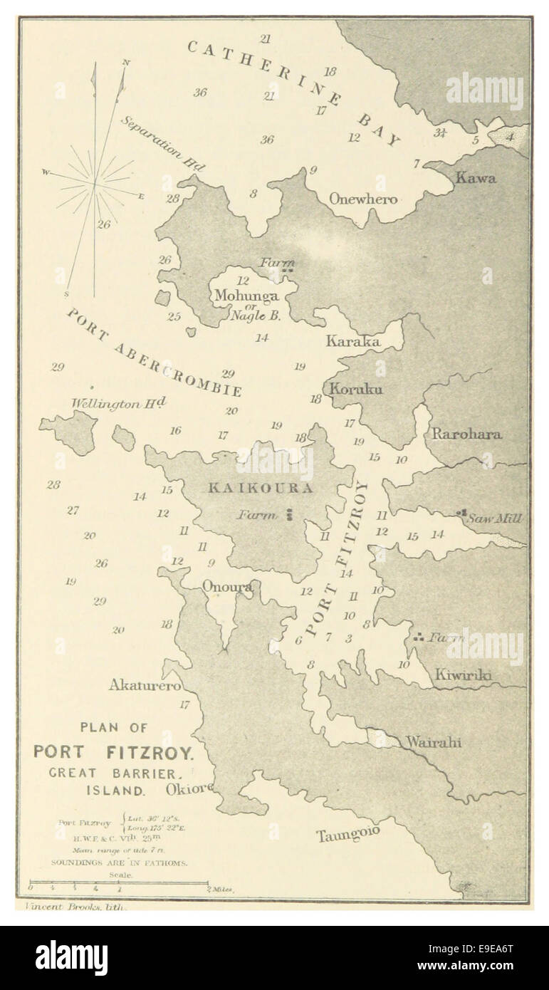 Questa mappa della grande Barriera Harbour (Port Fritzroy) fornisce una vista dettagliata della struttura del porto e delle caratteristiche geografiche in Australia. Foto Stock