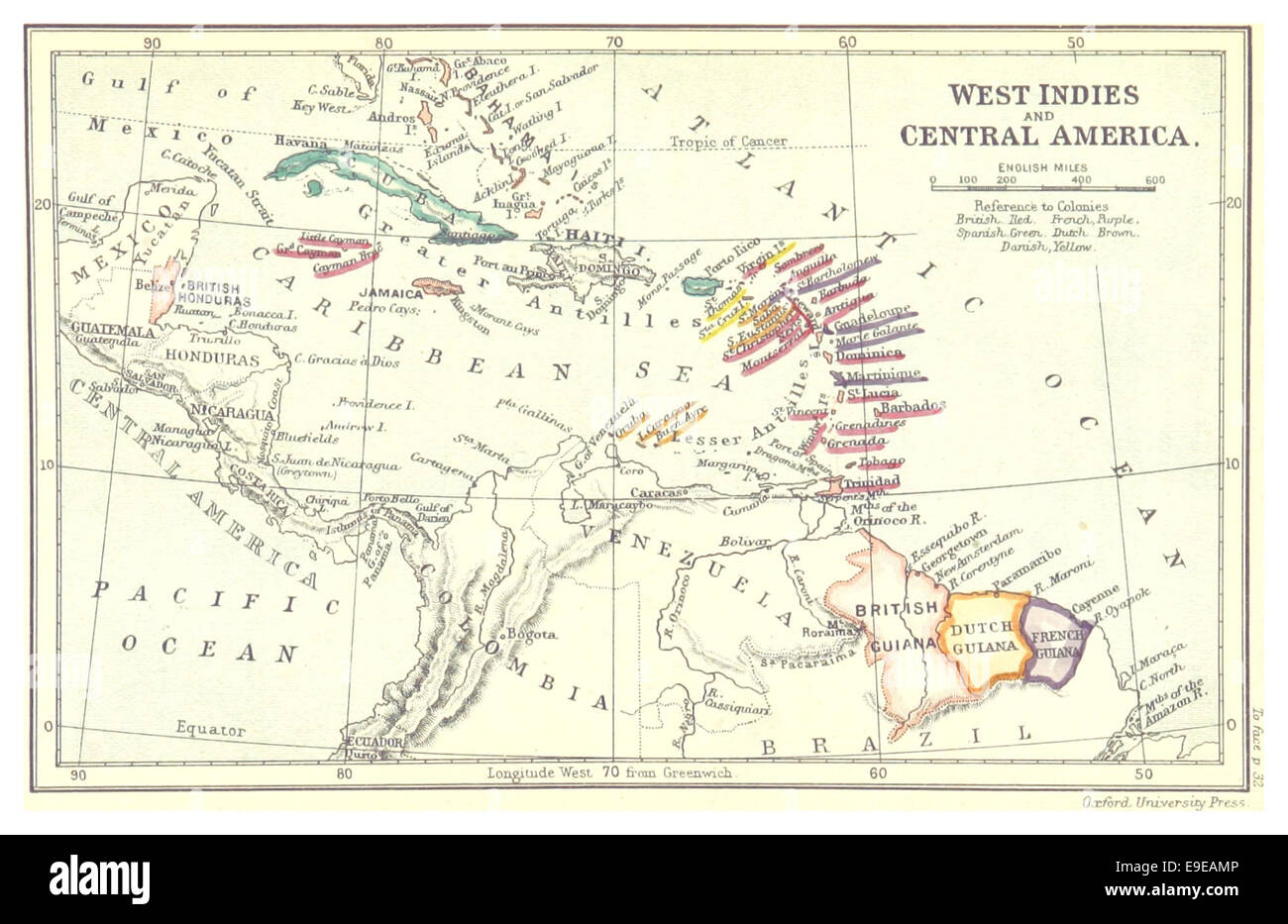 Questa mappa del 1888 offre una vista dettagliata delle Indie occidentali e dell'America centrale, mostrando le caratteristiche geografiche e i confini politici della regione durante la fine del XIX secolo. Foto Stock