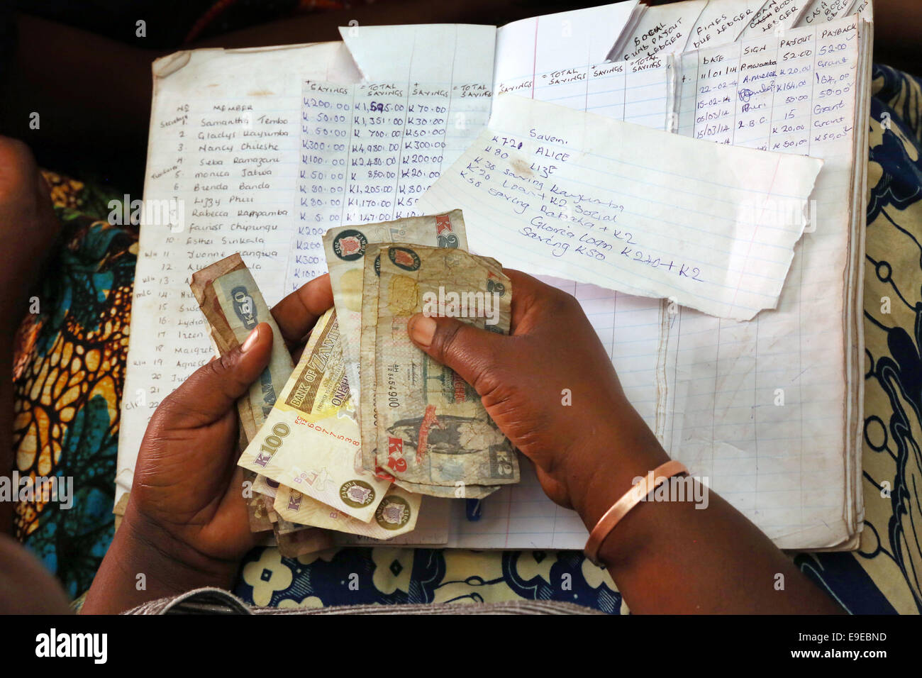 Prestito-gruppo di auto-aiuto conteggiare denaro, riunione del risparmio e di concessione di prestiti comunitari. Township Lubuto di Ndola, Zambia Foto Stock