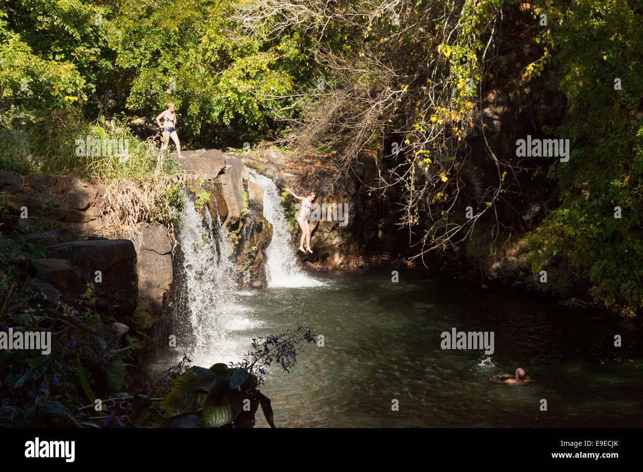 Persone che nuotano e saltano in una cascata sul fiume; Eureka House Garden, Mauritius Foto Stock
