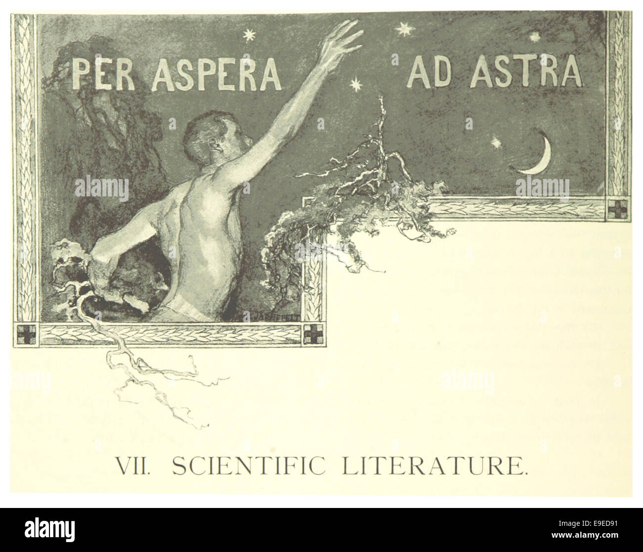 L'illustrazione di Mechelin del 1894 della letteratura scientifica offre uno sguardo sui progressi e i temi del pensiero scientifico durante la fine del XIX secolo. L'immagine potrebbe presentare sviluppi chiave in campi come la fisica, la chimica o la biologia, mostrando il clima intellettuale del tempo. Foto Stock