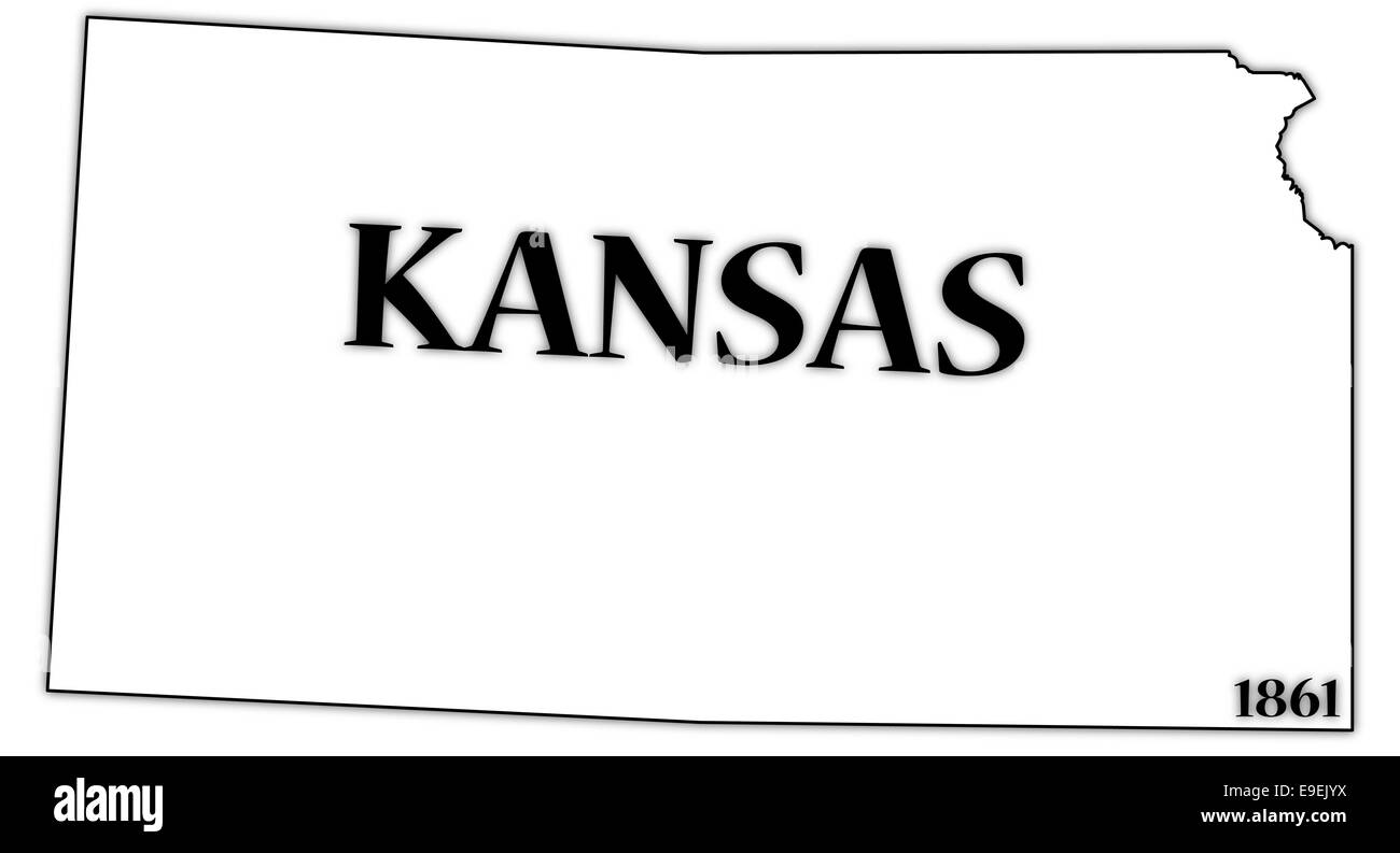 Un Kansas state delineare con la data di statualità isolato su uno sfondo bianco Foto Stock