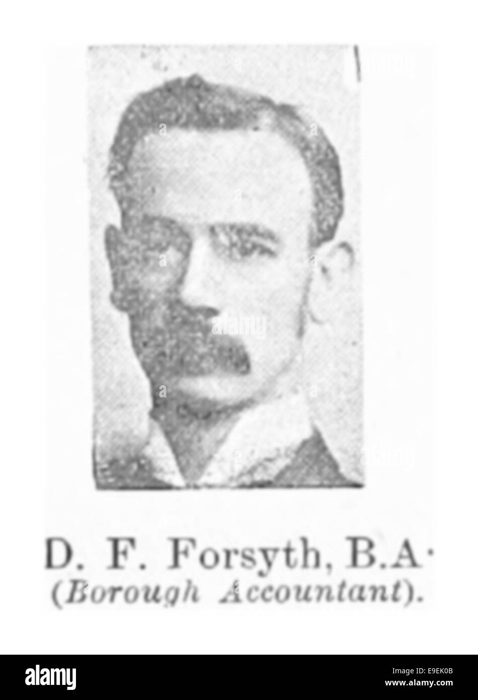 D.F. Forsyth è stato contabile del Borough nel 1898, responsabile della gestione finanziaria municipale. Il suo ruolo ha contribuito alla governance locale e alla supervisione economica. Foto Stock