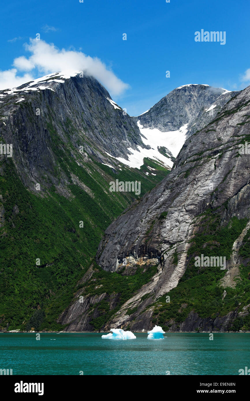 Pareti a strapiombo sulle montagne e la vallata pensili salire al di sopra di Tracy braccio, a sud-est di Alaska, STATI UNITI D'AMERICA Foto Stock