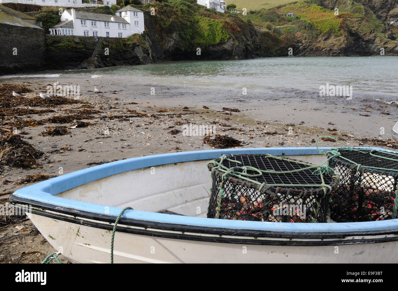 Cornish aragoste e astice pentole in una piccola barca Port Isaac harbour Cornwall Inghilterra UK GB Foto Stock