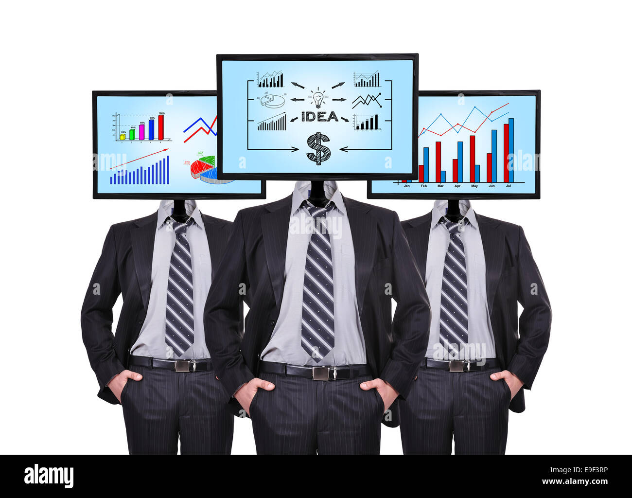 Tre proprietari e monitor con business plan per una testa Foto Stock