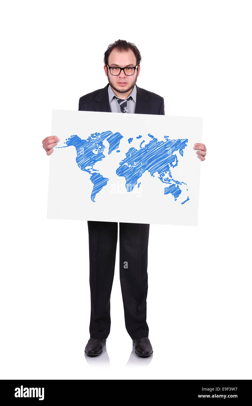 Imprenditore tenendo un cartello con mappa del mondo Foto Stock