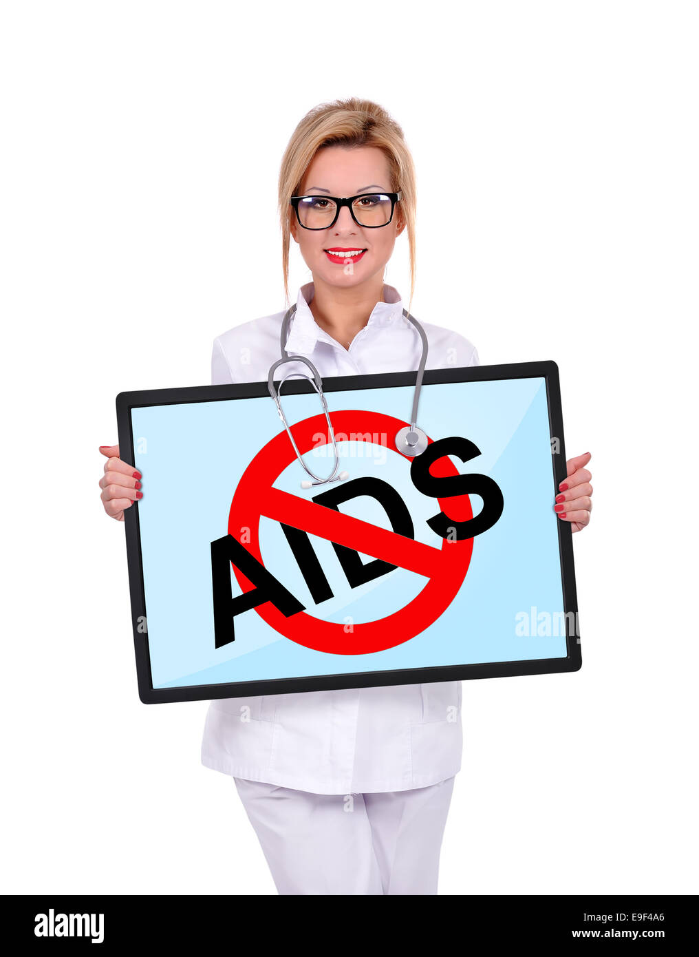 Medico donna azienda digitale compressa con stob simbolo di aids Foto Stock