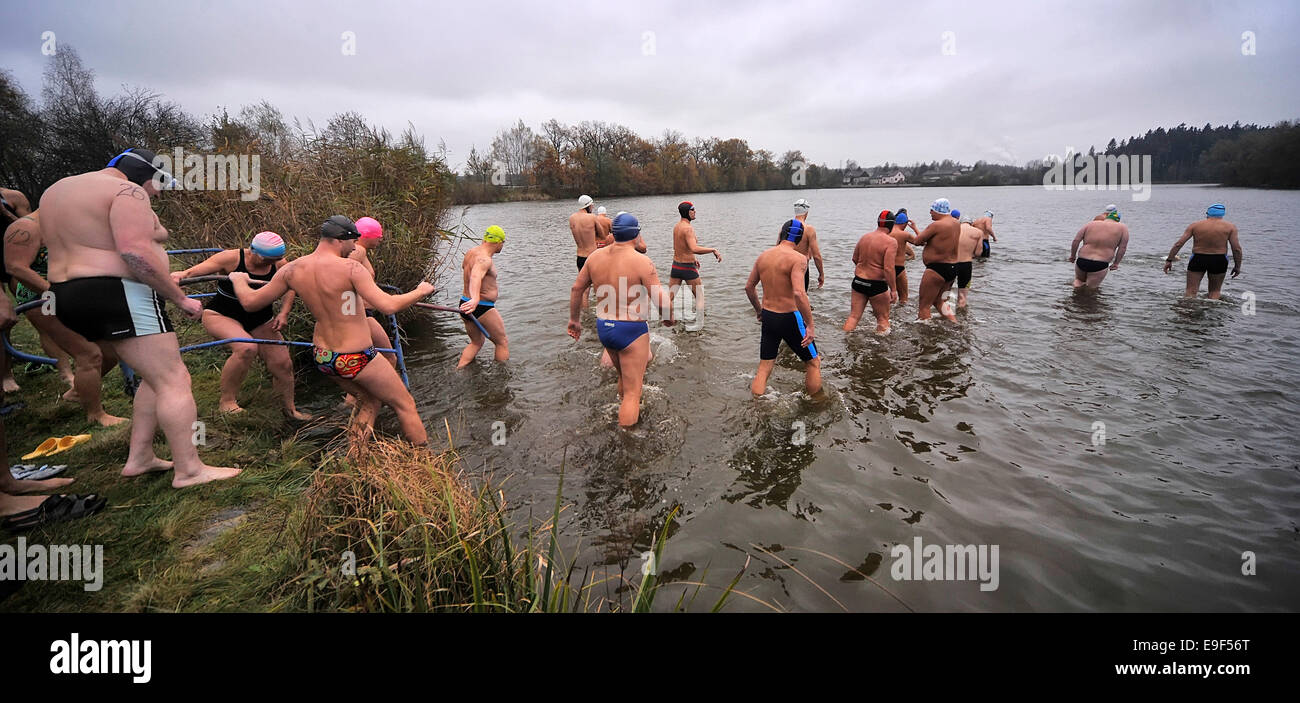 Circa 140 inverno nuotatori incontro presso il laghetto Pavovsky al quinto annuale piscina invernale. La temperatura dell'aria era intorno ai 5 gradi Celsius, acqua è stata inferiore a nove sopra lo zero. (CTK foto/Lubos Pavlicek) Foto Stock