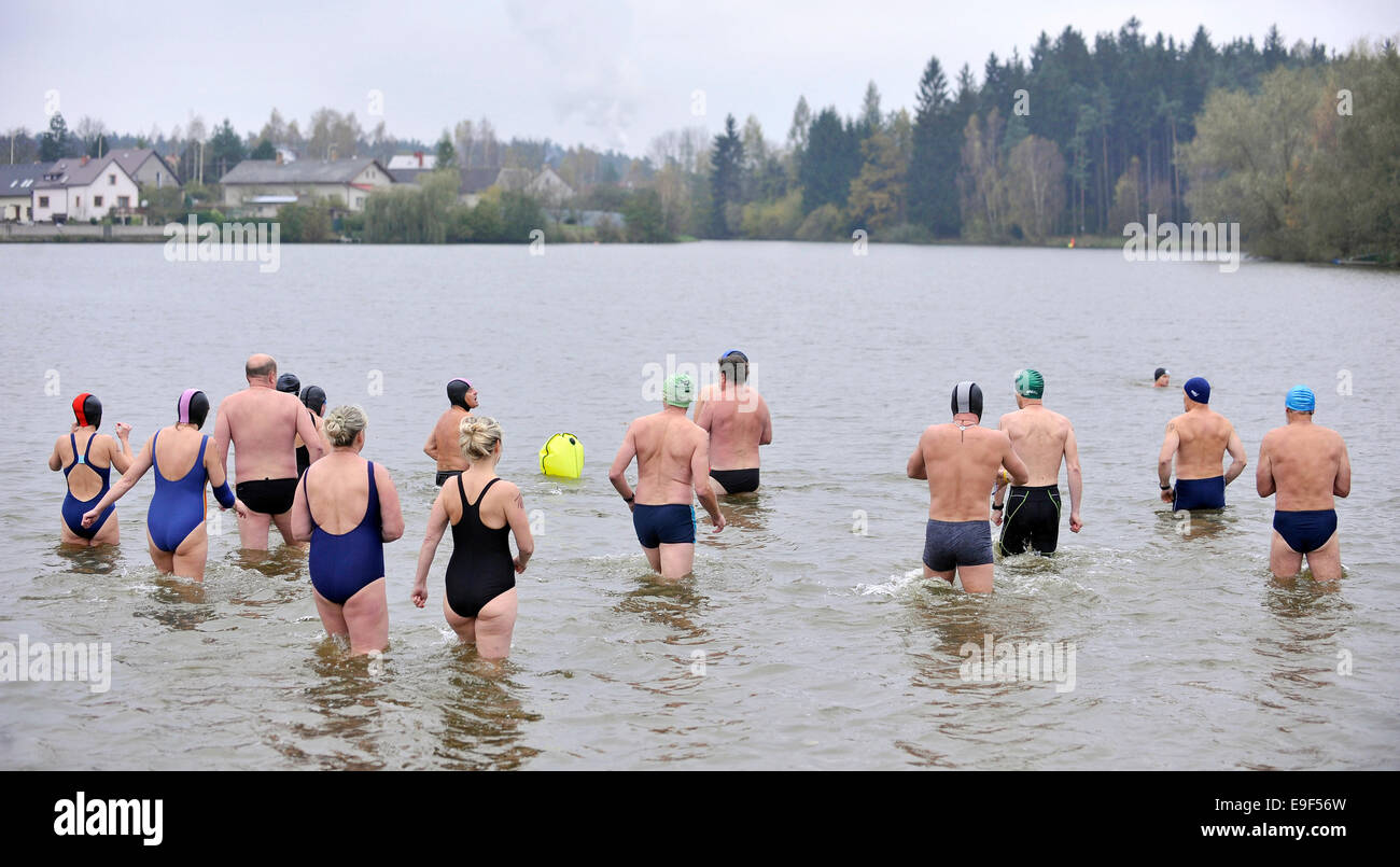 Circa 140 inverno nuotatori incontro presso il laghetto Pavovsky al quinto annuale piscina invernale. La temperatura dell'aria era intorno ai 5 gradi Celsius, acqua è stata inferiore a nove sopra lo zero. (CTK foto/Lubos Pavlicek) Foto Stock