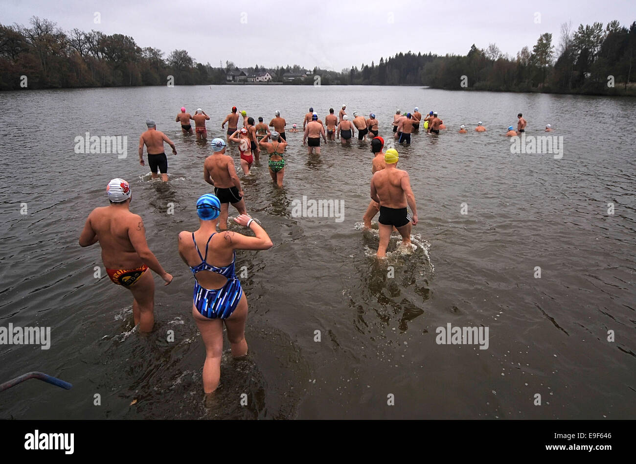 Circa 140 inverno nuotatori incontro presso il laghetto Pavovsky al quinto annuale piscina invernale. La temperatura dell'aria era intorno ai 5 gradi Celsius, acqua è stata inferiore a nove sopra lo zero. (CTK foto/Lubos Pavlicek) Foto Stock