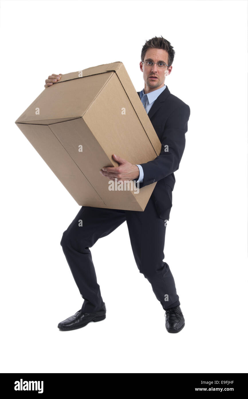 Imprenditore con una grande scatola in mano Foto Stock