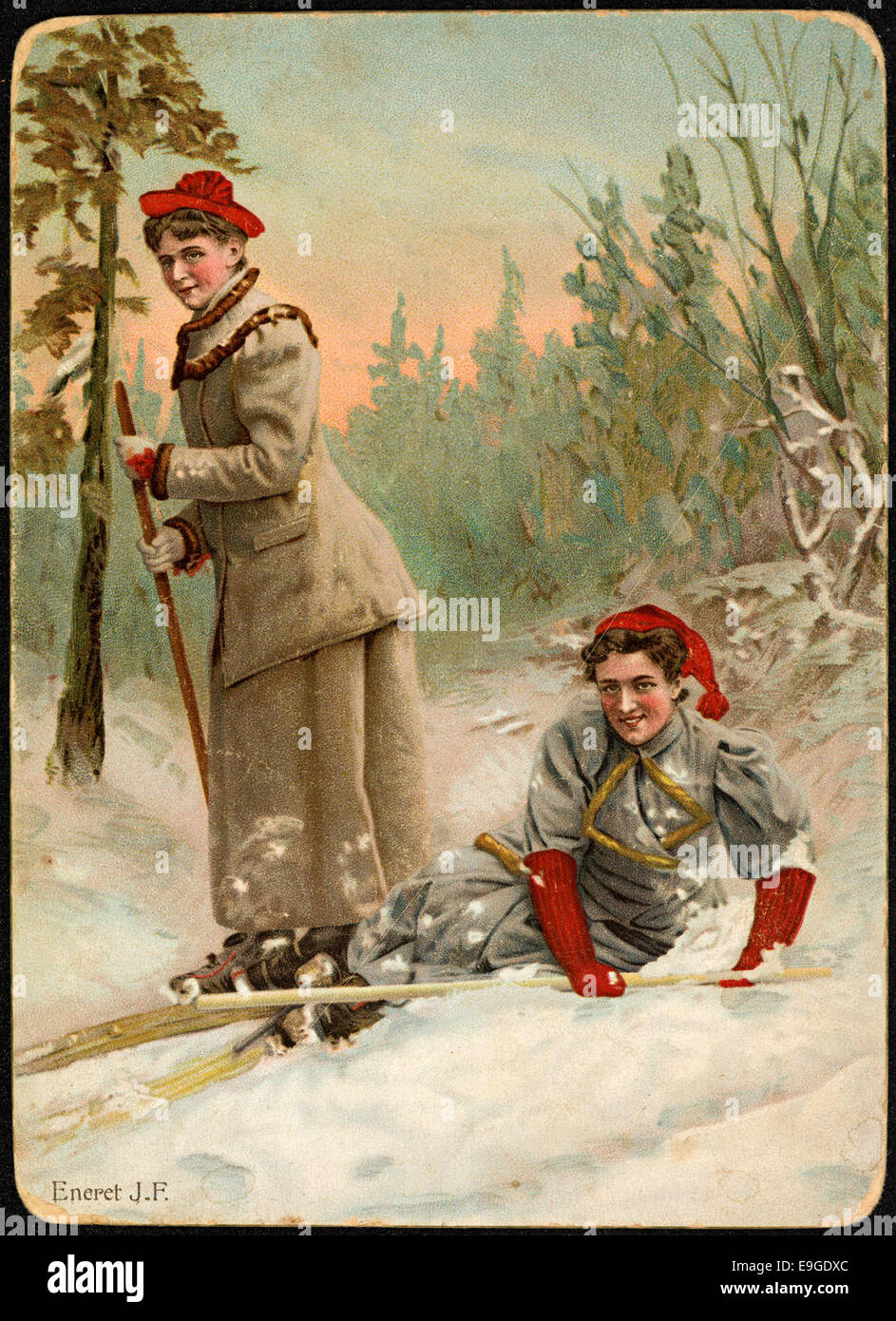 Una fotografia vintage del 1900 che mostra due donne che sciano, mettendo in evidenza i primi giorni degli sport invernali per le donne. L'immagine riflette la partecipazione emergente delle donne alle attività invernali all'aperto. Foto Stock