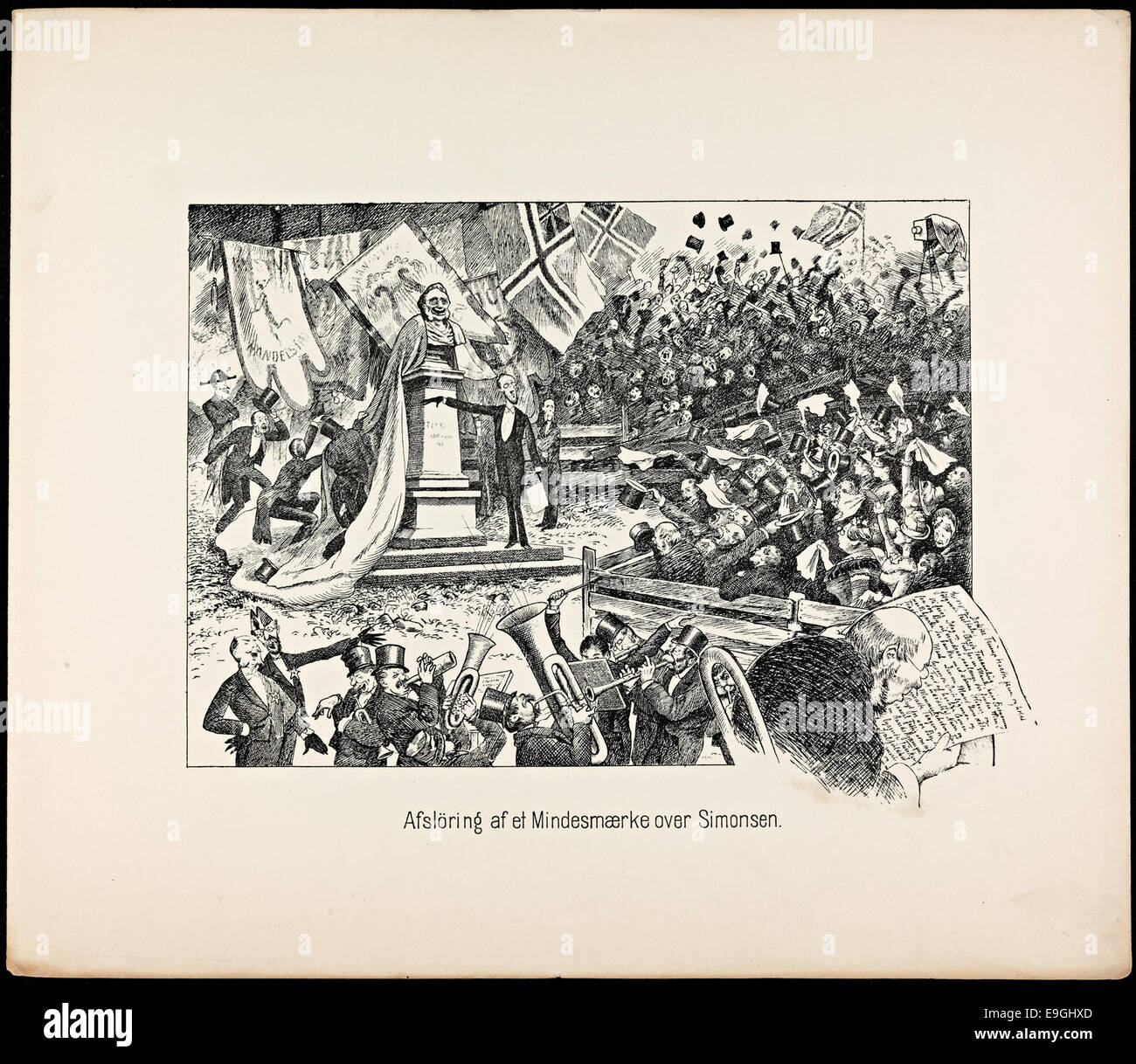 Un disegno di Theodor Kittelsen raffigurante il completamento di un memoriale a Simonsen, che mostra il caratteristico stile di caricatura e illustrazione di Kittelsen. L'opera faceva parte di una collezione di Jacob Dybwad. Foto Stock