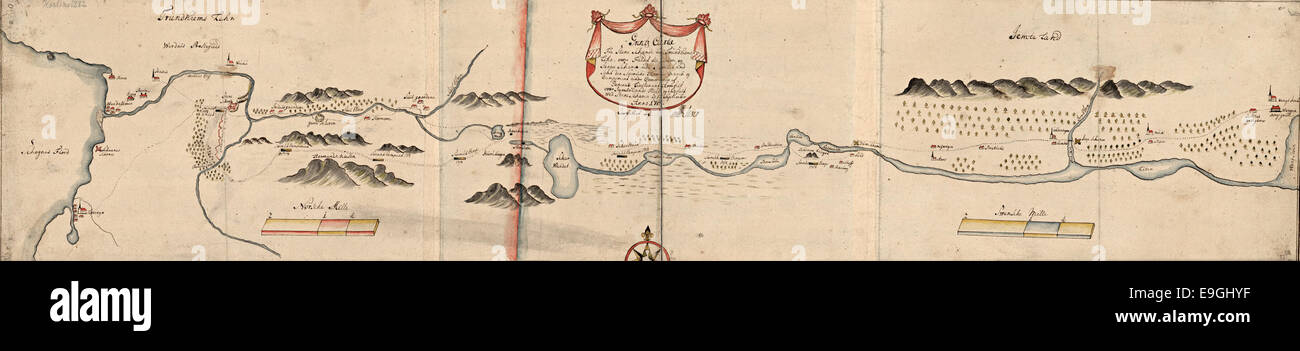 Una mappa disegnata a mano che mostra la rotta dell'esercito di Armfeldt dalla Svezia a Trøndelag, Norvegia, durante la grande Guerra del Nord (1718). La mappa fa parte della collezione della Biblioteca Nazionale di Norvegia. Foto Stock