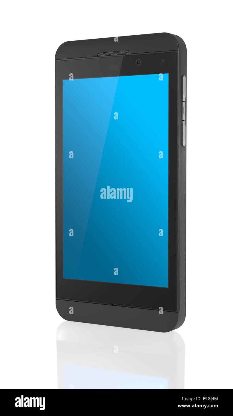 Nuovo smartphone con blue schermo bianco su sfondo bianco Foto Stock