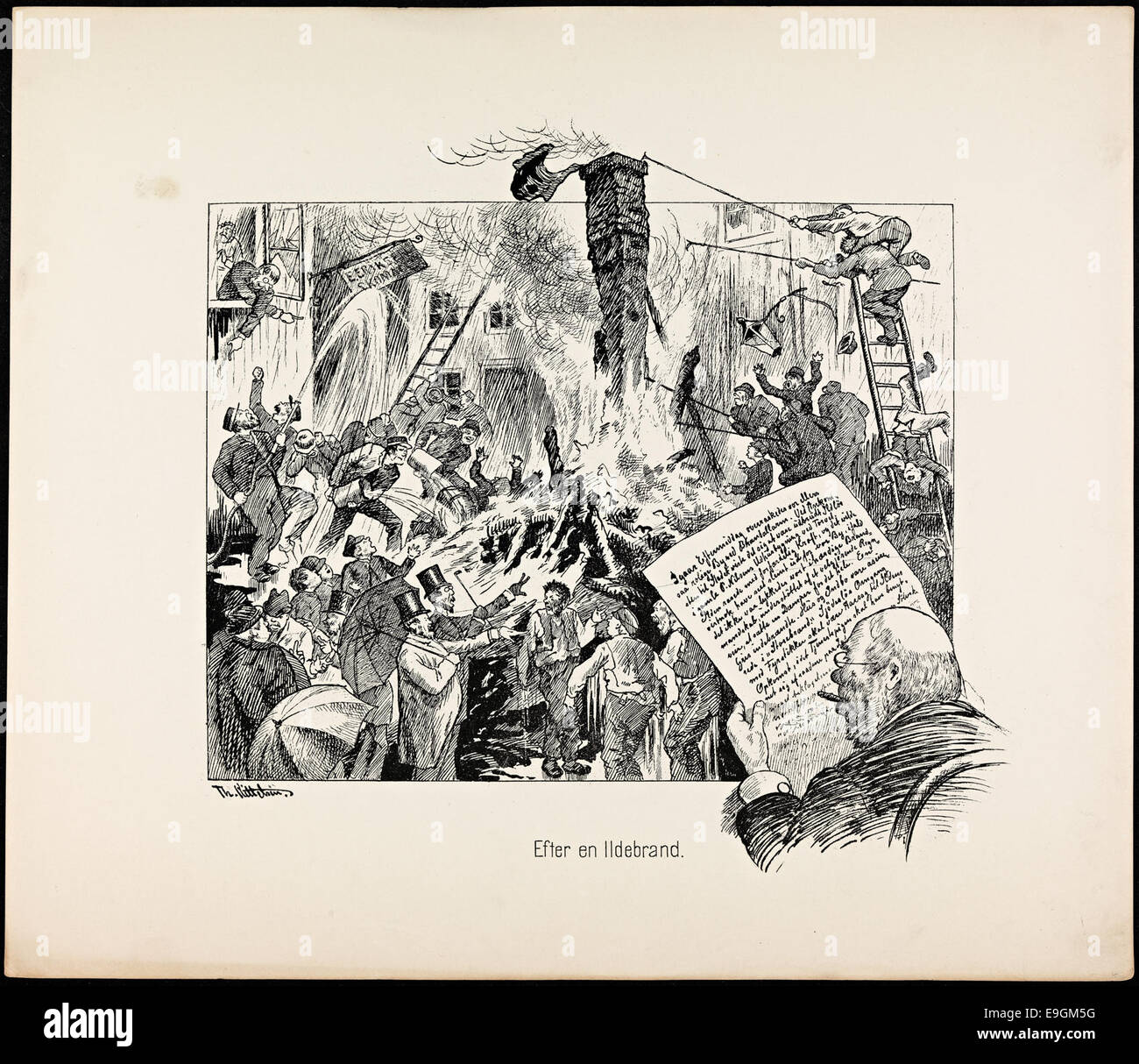 Questo disegno caricaturale di Theodor Kittelsen, intitolato "Efter en Ildebrand", illustra una scena dopo un incendio in una piccola comunità, catturando le difficoltà della vita quotidiana. L'illustrazione fa parte di una serie intitolata "fra Livet i de sma Forholde" (da vita in piccole circostanze), pubblicata da Jacob Dybwad. Foto Stock