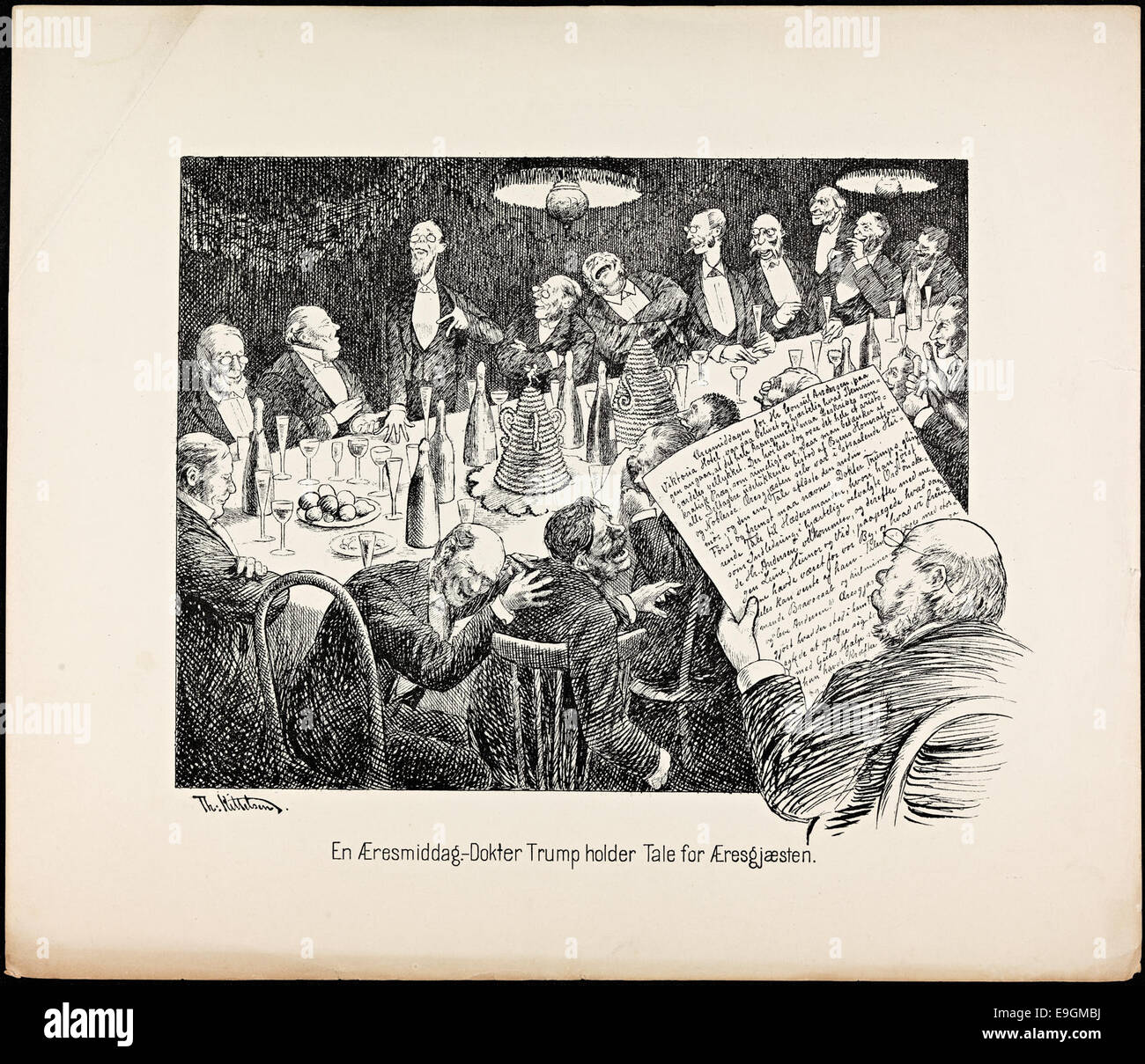 Una caricatura di Theodor Kittelsen intitolata "EN Resmiddag" che mostra il Dottor Trump che tiene un discorso agli ospiti a cena. Questo disegno riflette lo stile umoristico e satirico di Kittelsen, spesso focalizzato sul commento sociale e sulla vita di una piccola città in Norvegia. Foto Stock