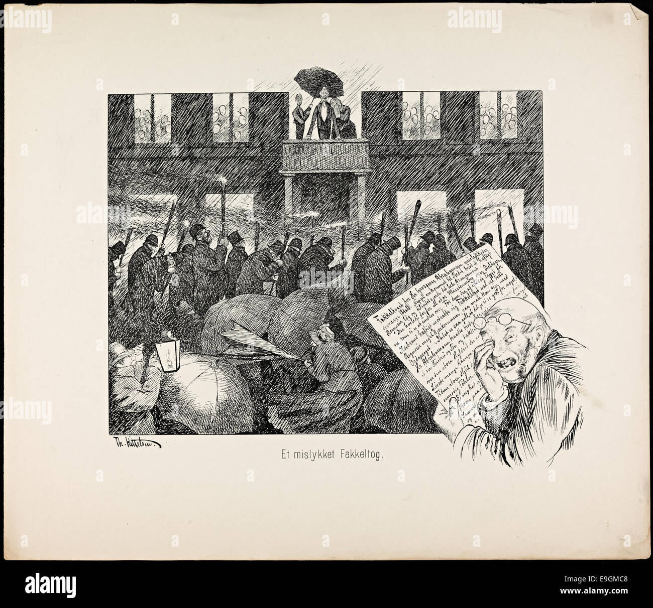 "Et mislykket Fakkeltog" (Una parata fallita della torcia) è un'illustrazione satirica di Theodor Kittelsen, presente nel libro di Jacob Dybwad "fra Livet i de Smaa Forholde" (dalla vita in piccole circostanze). L'immagine ritrae umoristicamente un tentativo fallito di una processione di fiaccolate, tipico dello stile stravagante e critico di Kittelsen. Foto Stock